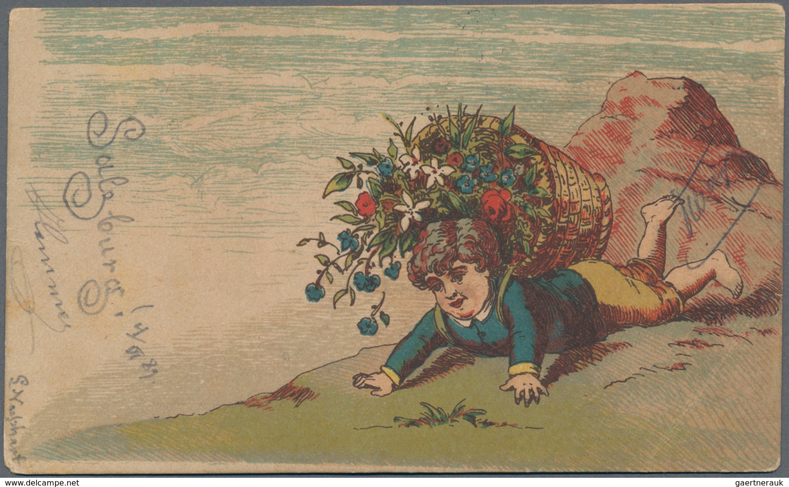 Ansichtskarten: Vorläufer: 1889, SALZBURG Kind Mit Blumenkorb In Den Bergen, Kolorierte Vorläuferkar - Zonder Classificatie