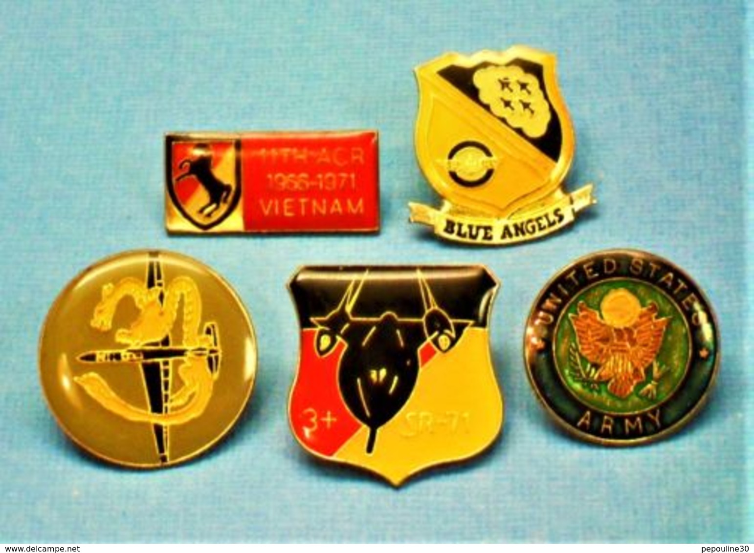 5 PIN'S //  ** UNITED STATES ARMY / BLUE ANGELS / SR-71 / VETERANS ** - Lots