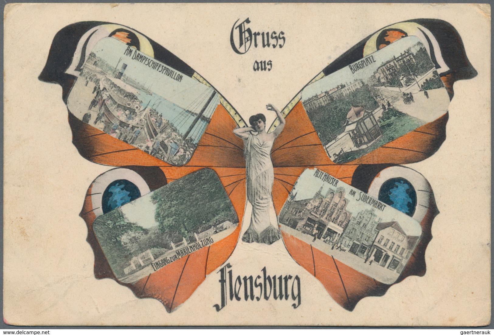 Ansichtskarten: Schleswig-Holstein: FLENSBURG (alte PLZ 2390), Kolorierte SCHMETTERLING-Mehrbildkart - Sonstige & Ohne Zuordnung