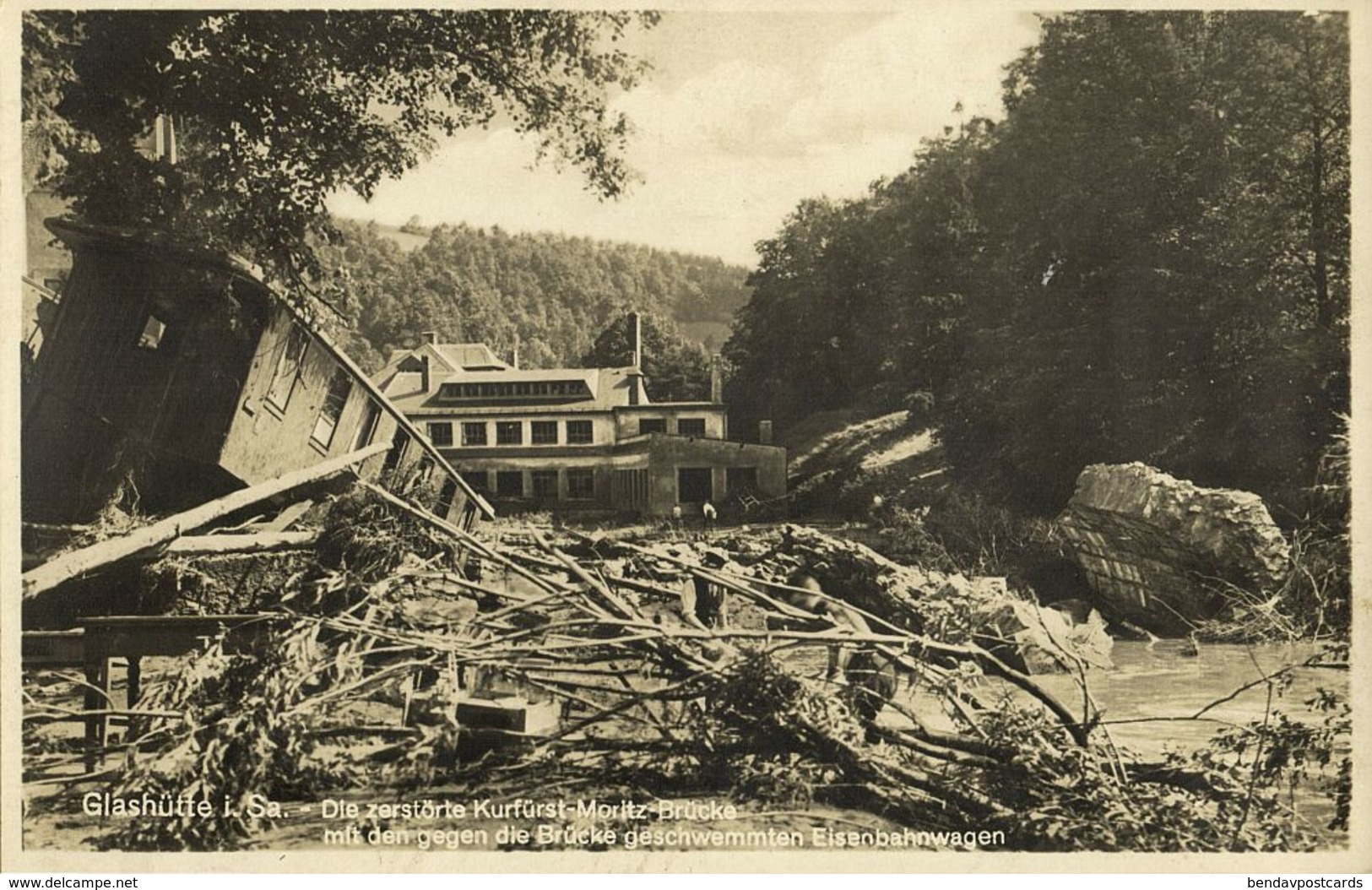 GLASHÜTTE, Unwetterkatastrophe, Zerstörte Kurfürst-Moritz-Brücke (1927) Foto-AK - Glashütte