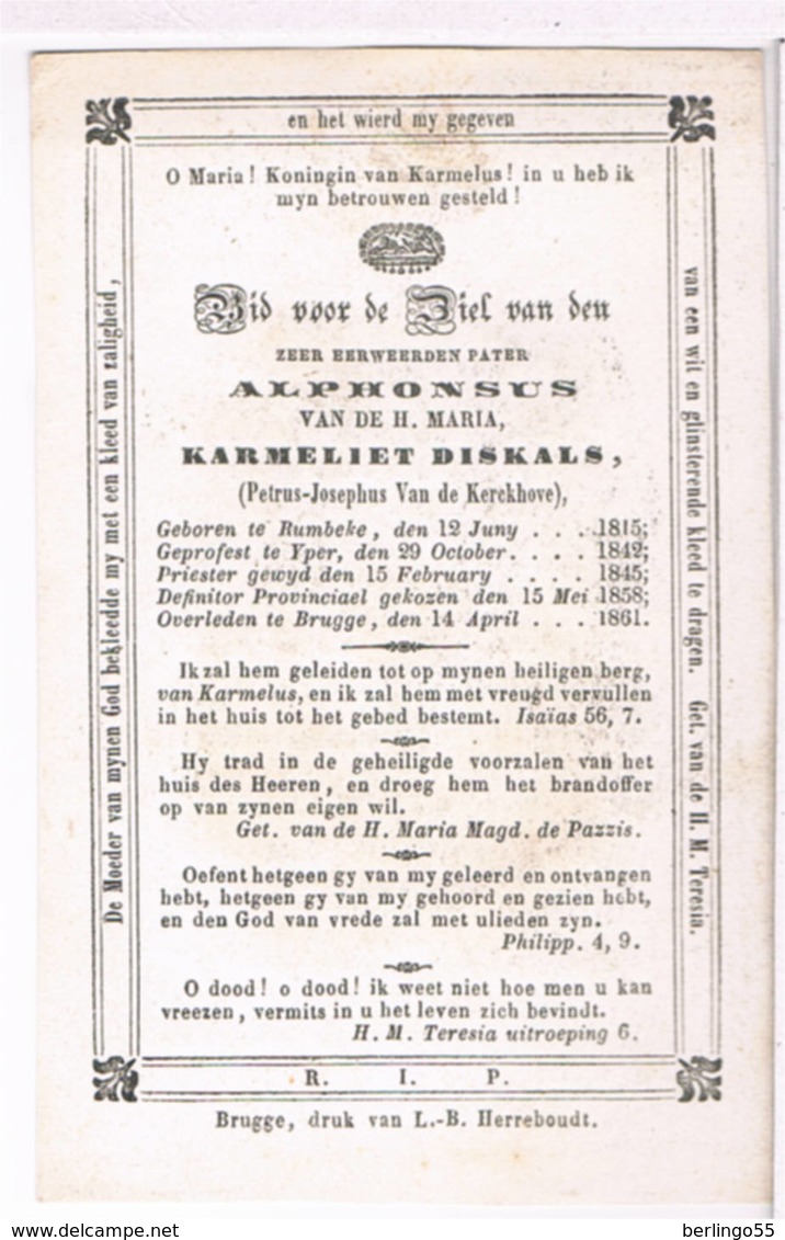 Dp. Pater Alphonsus. Van De Kerckhove Petrus. ° Rumbeke 1815 &dagger; Brugge 1861  (2 Scan's) - Religion & Esotérisme