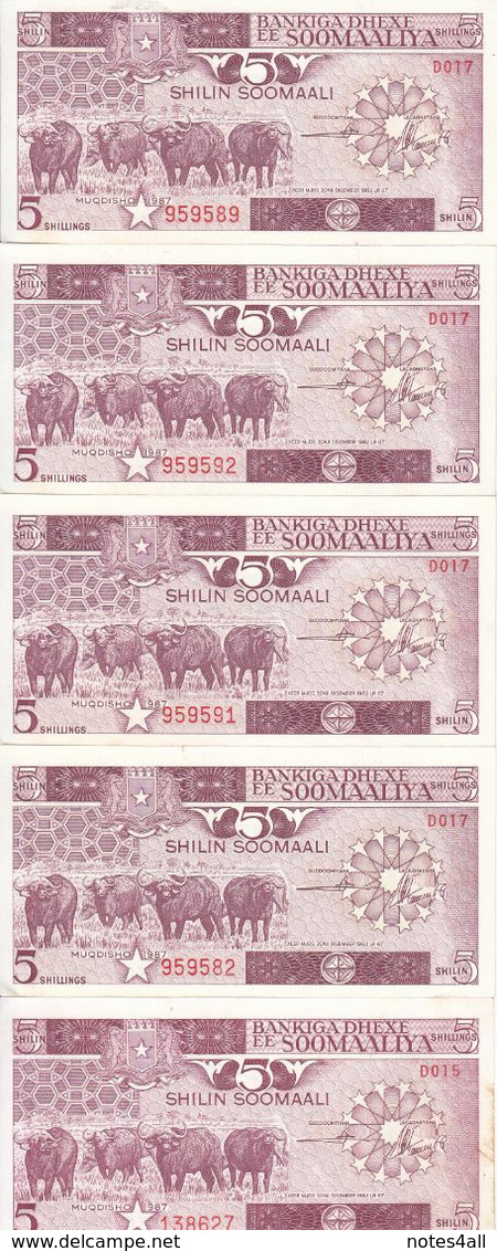 SOMALIA 5 SHILLINGS 1987 P 31c LOT X5 AU/UNC NOTES - Somalia