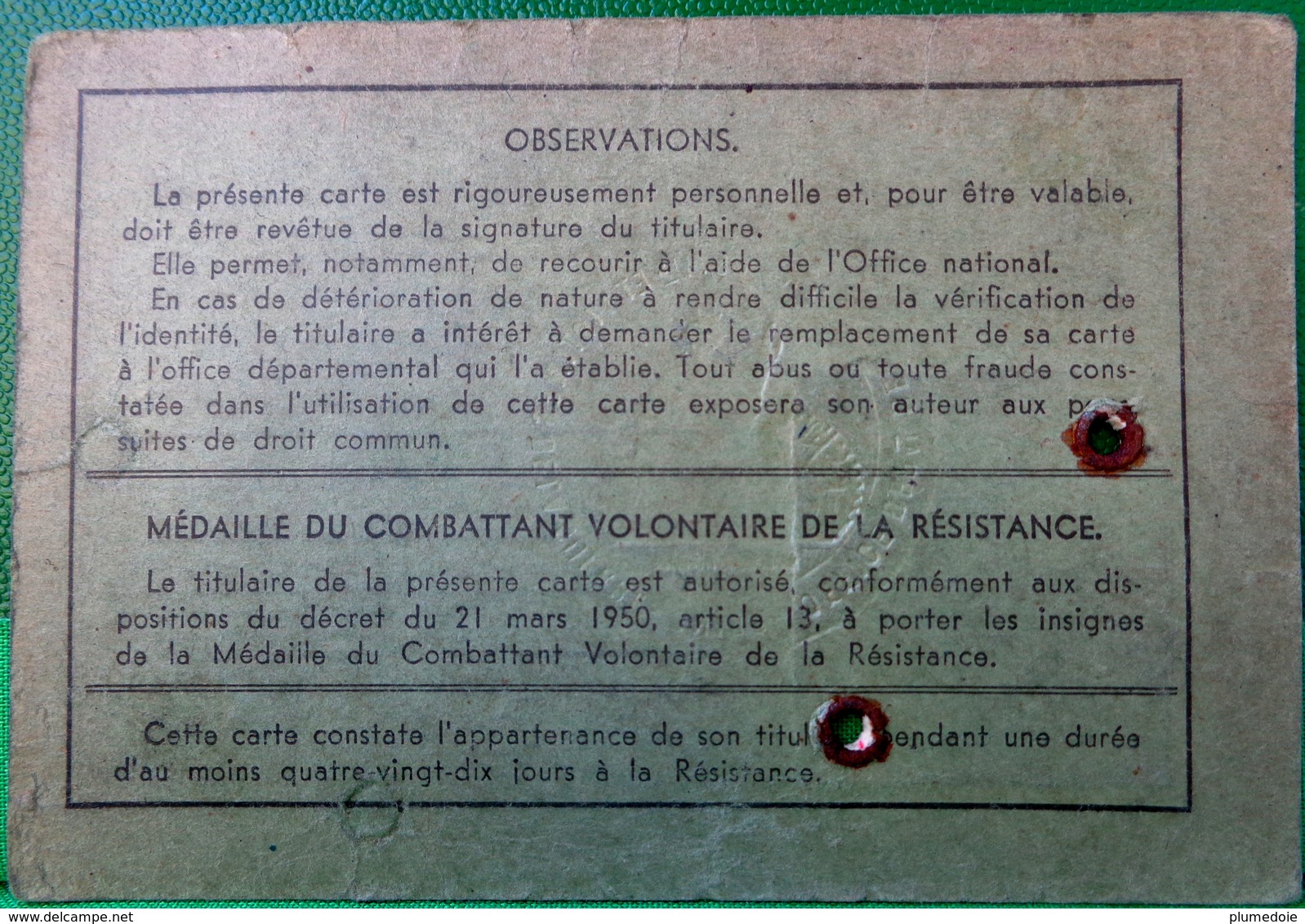 WWII CARTE DE COMBATTANT VOLONTAIRE DE LA RESISTANCE . OFFICE DEPARTEMENTAL LA SEINE - Documents
