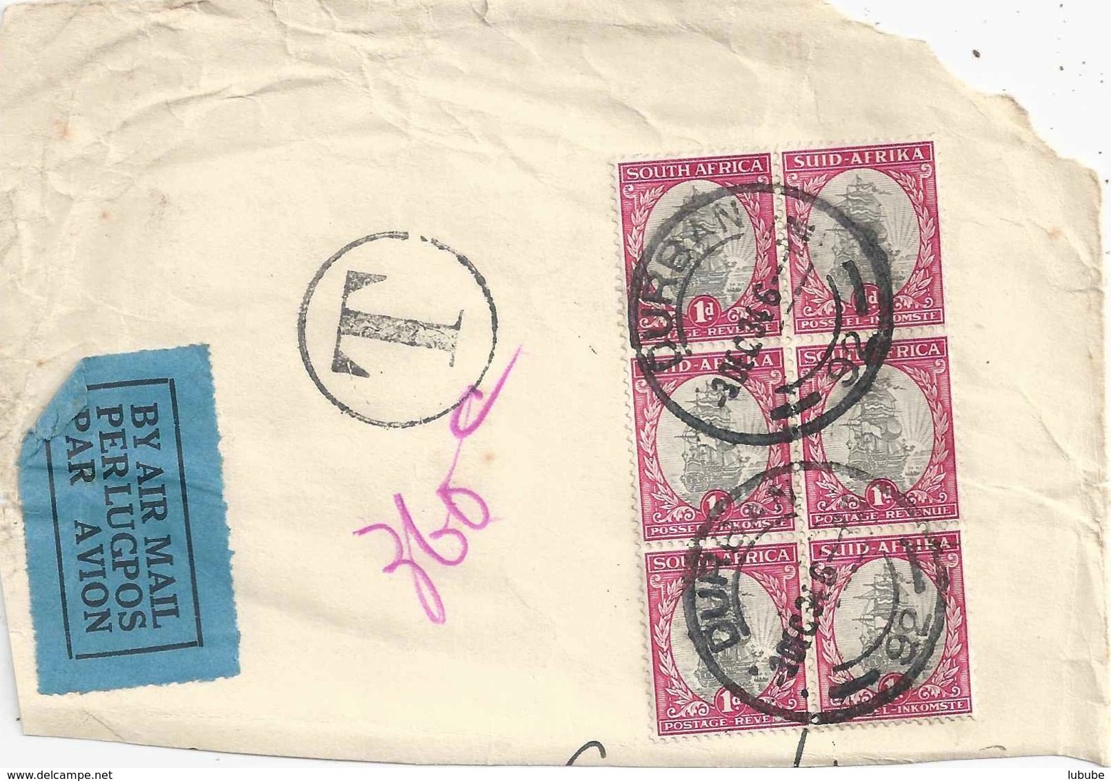 Airmail Brieffragment  Durban (taxiert/Sechserblock)       1934 - Luftpost