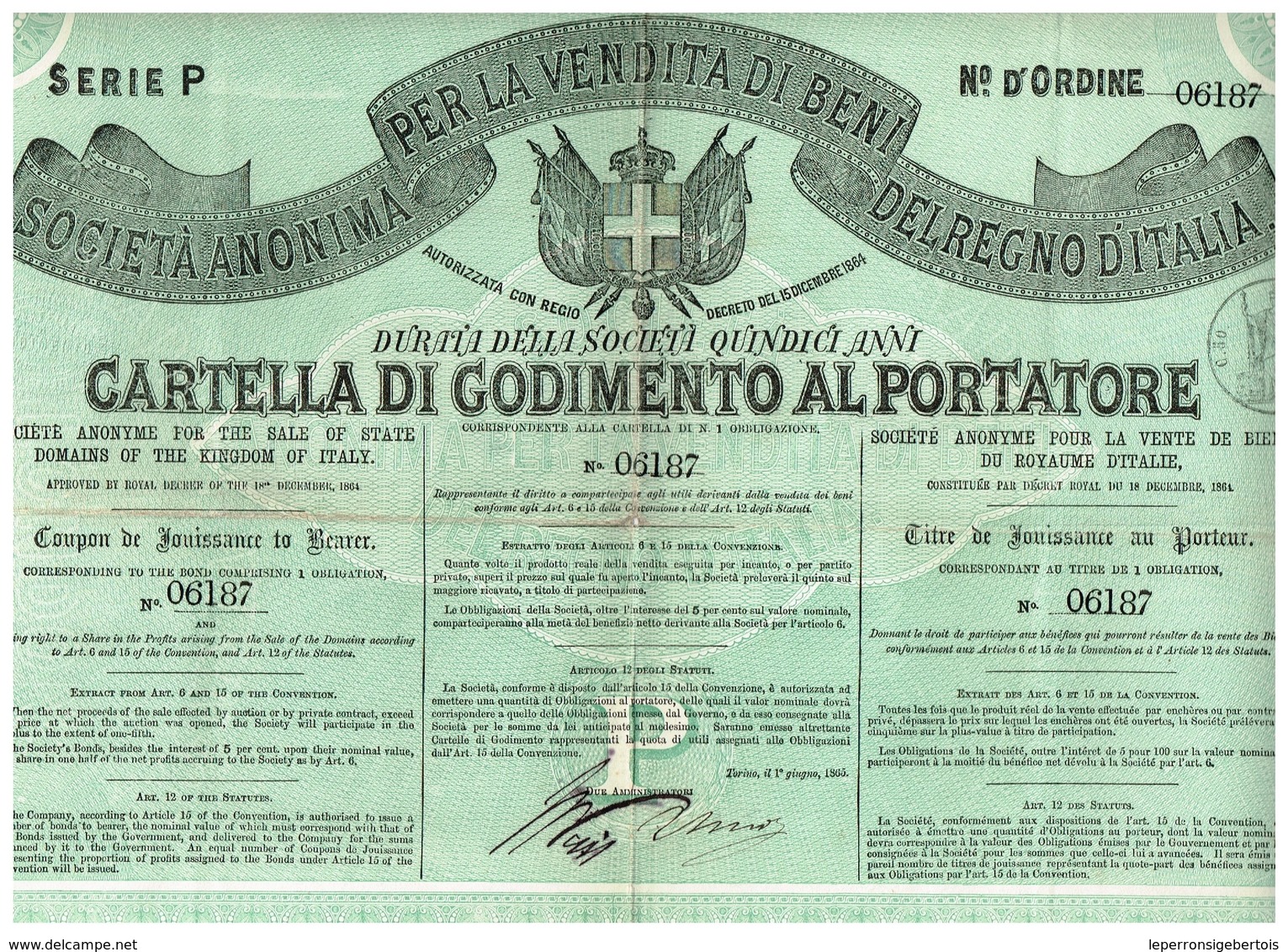 Titre Ancien - Societa Anonima Per La Vendita Di Beni Del Regno D'Italia - Titulo De 1865 - Altri & Non Classificati