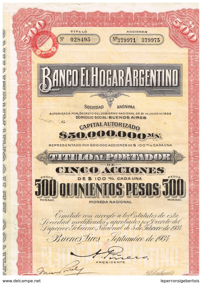 Titre Ancien - Banco El Hogar Argentino - Sociedad Anonima - Titulo De 1934 - - Banque & Assurance