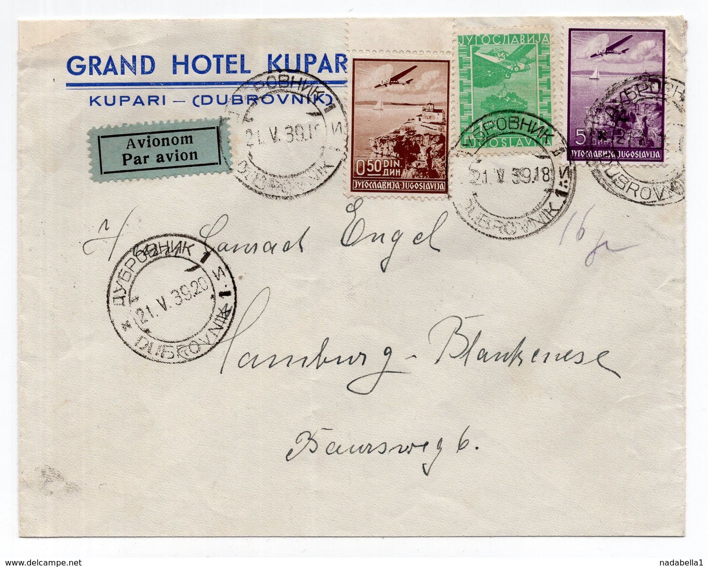 1939 YUGOSLAVIA,CROATIA,DUBROVNIK TO HAMBURG,GERMANY,GRAND HOTEL KUPARI,AIR MAIL - Covers & Documents