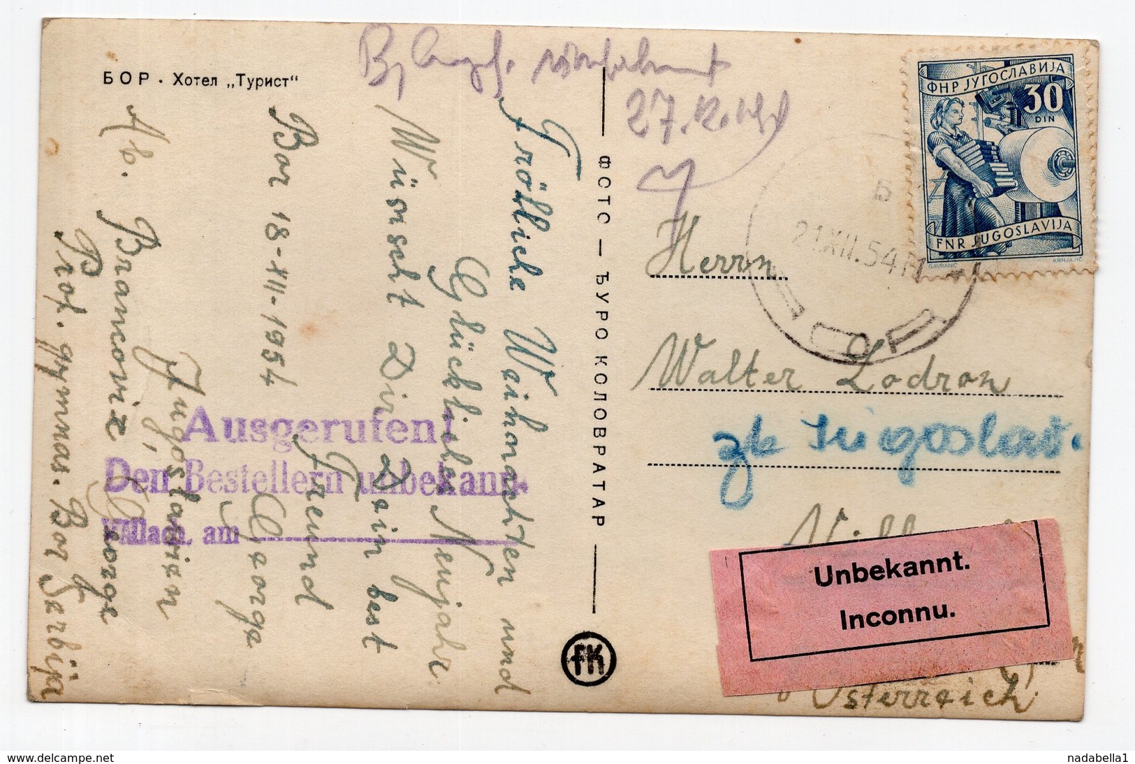 1954 YUGOSLAVIA, SERBIA, BOR TO AUSTRIA, RETURNED, HOTEL TURIST, ILLUSTRATED POSTCARD, USED - Joegoslavië