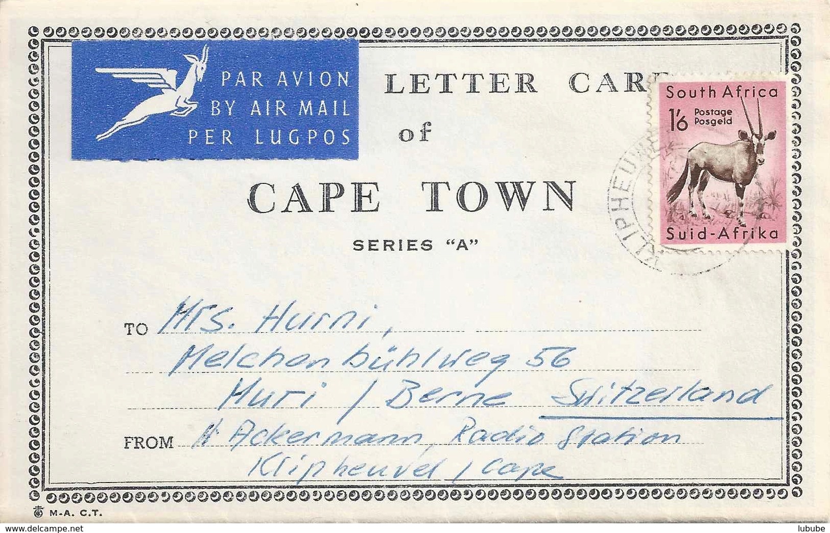 Airmail Letter Card  "Cape Town"  Klipheuvel           1957 - Poste Aérienne