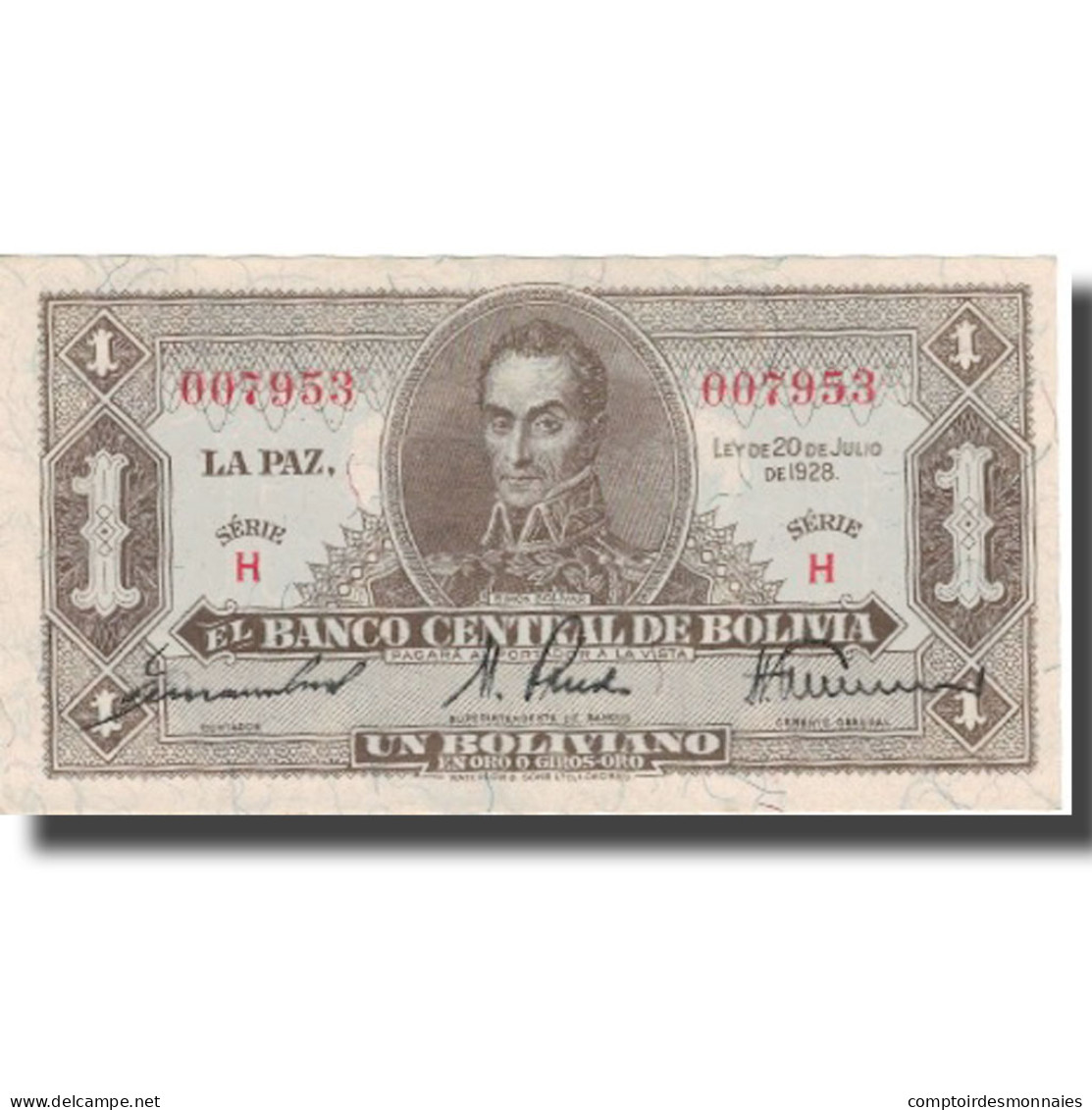 Billet, Bolivie, 1 Boliviano, 1928, 1928-07-20, KM:128c, TTB+ - Bolivien