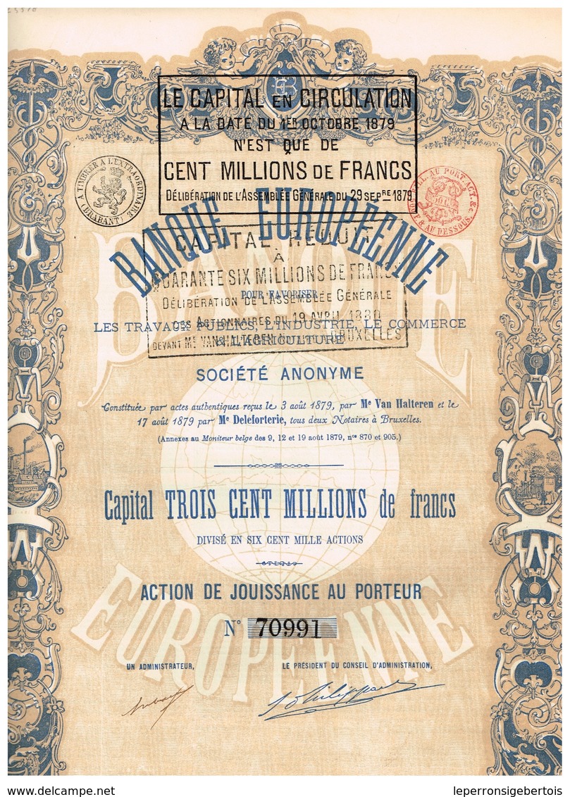 Titre Ancien- Banque Européenne Pour Favoriser L'industrie, Le Commerce, L'Agriculture - Titre De 1879 - Déco - Banque & Assurance