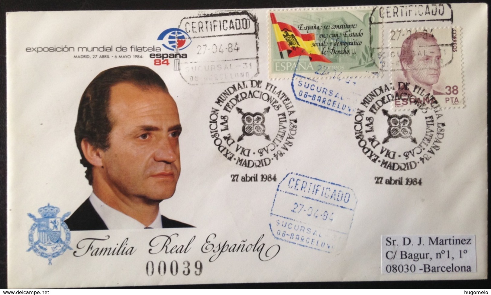 Spain, Registered And Circulated Cover, "World Philatelic Exhibition", "España84", "Spanish Royal Family", 1984 - Colecciones
