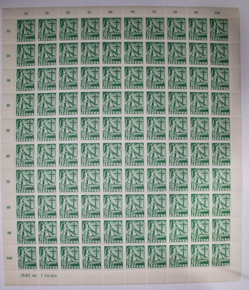 Lithuania Lietuva 1940, MNH Complete Sheet Of 100 Stamps Folded In Half - Litauen