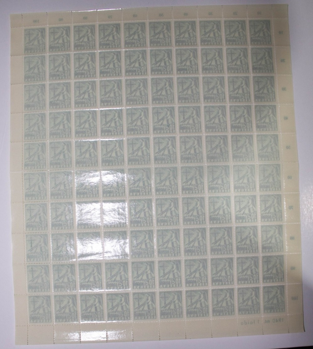 Lithuania Lietuva 1940, MNH Complete Sheet Of 100 Stamps Folded In Half - Litauen