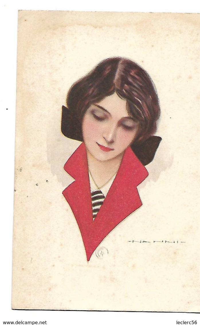 ILLUSTRATEUR NANNI JEUNE FEMME AU COL ROUGE 1919 CPA 2 SCANS - Nanni