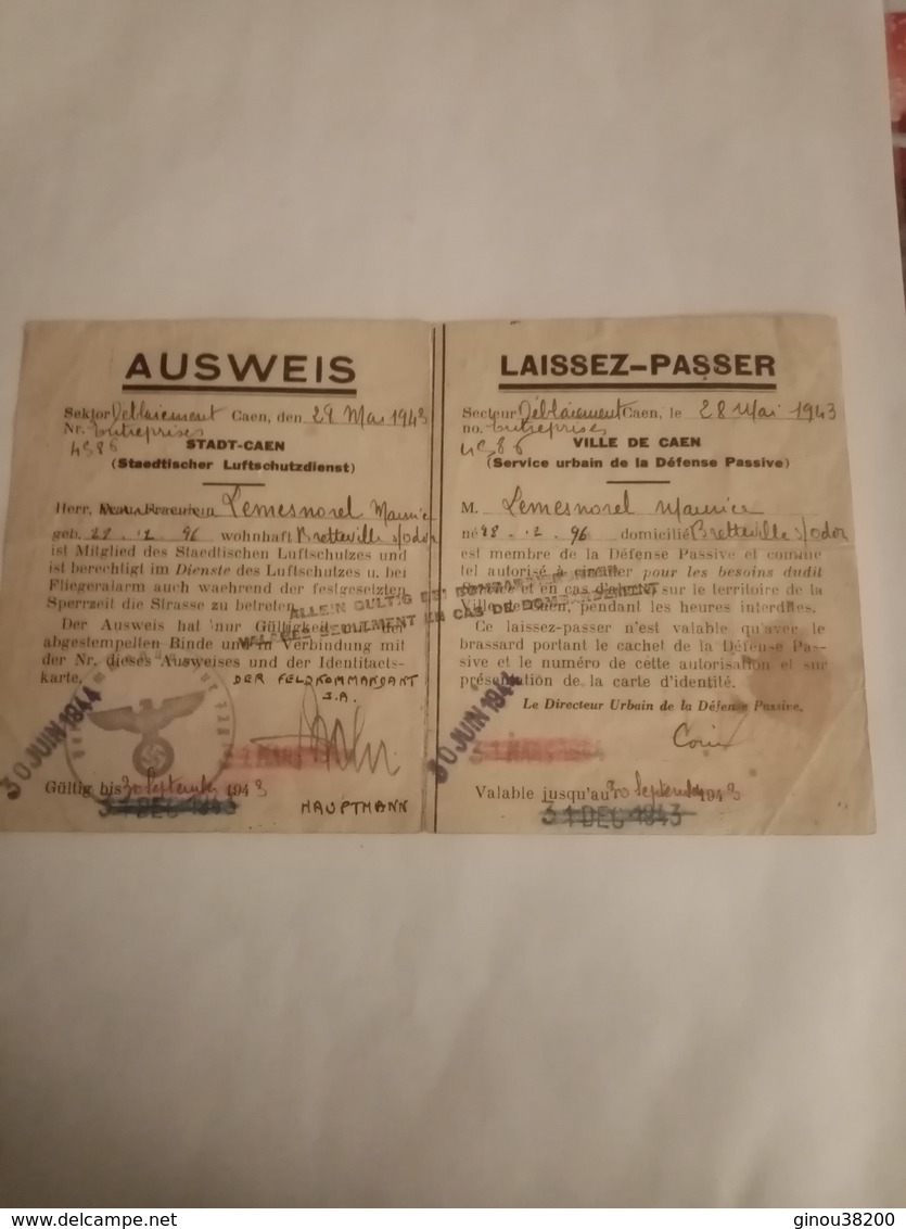 AUSWEIS DE LA VILLE DE CAEN POUR LE DÉBLAIEMENT - 1939-45