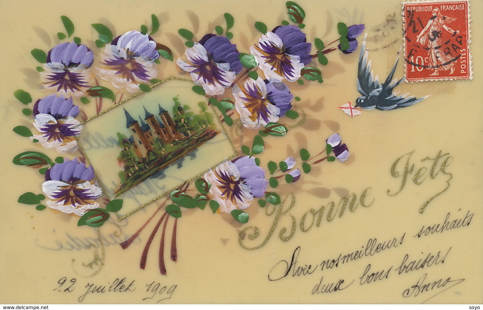 Très Belle Carte Celluloid Faite Main. Hand Painted . Pensées . Fleurs Et Chateau Magdeleine Labadie. Colombophilie - Sonstige & Ohne Zuordnung