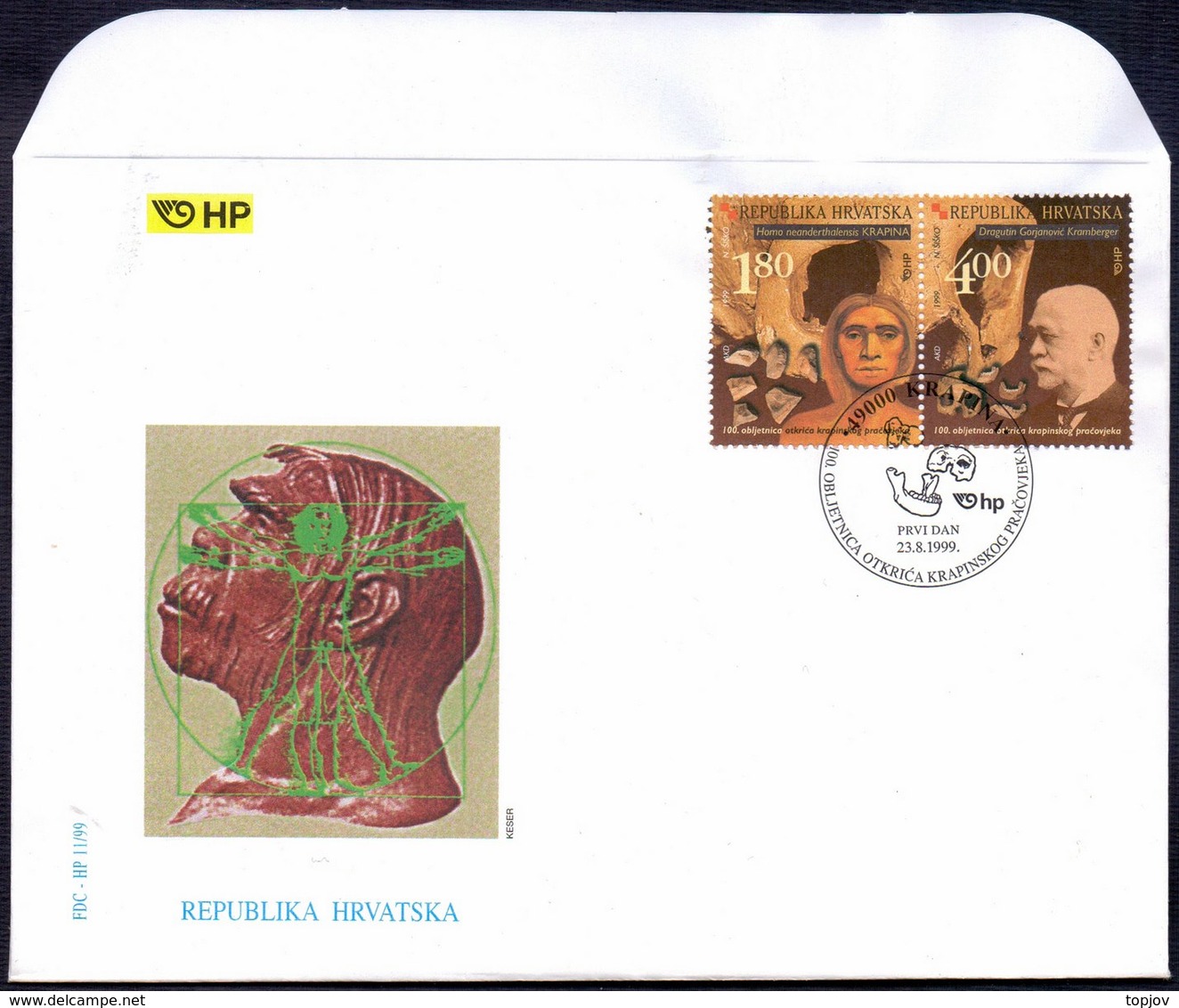 CROATIA - HRVATSKA - PREHISTORIC ARTIFACTS  KRAPINA - FDC  KRAPINA - 1999 - RARE - Archaeology