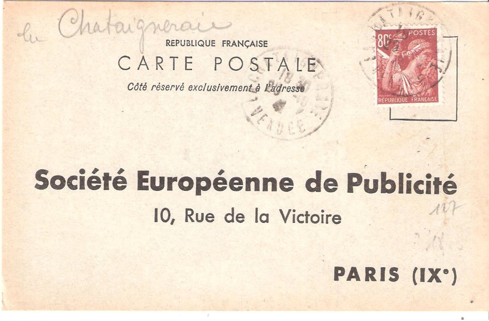 Vendée :-  LA CHATAIGNERAIE Dateur Type A4 Sur Attestation D'affichage - 1921-1960: Période Moderne