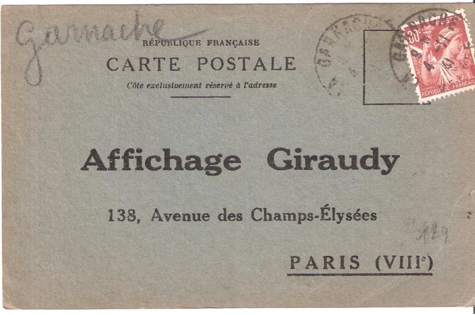 Vendée :-  GARNACHE Dateur Type A4 Sur Attestation D'affichage - 1921-1960: Période Moderne