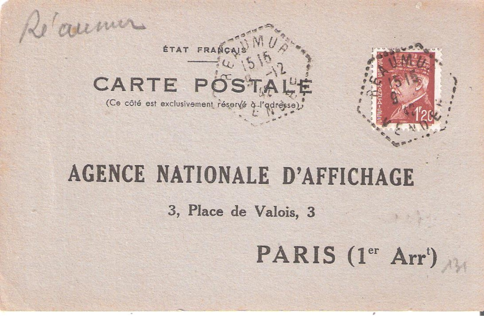 Vendée :-  REAUMUR Dateur Type F4 Sur Attestation D'affichage - 1921-1960: Période Moderne