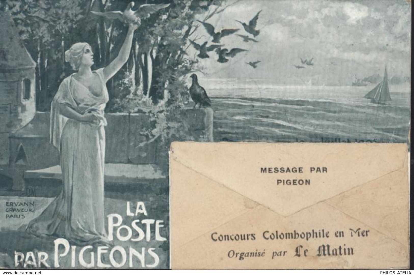 CP La Poste Par Pigeons Concours Colombophile En Mer Organisé Par Le Matin Journal YT 130 Perforé M13 - 1877-1920: Periodo Semi Moderno