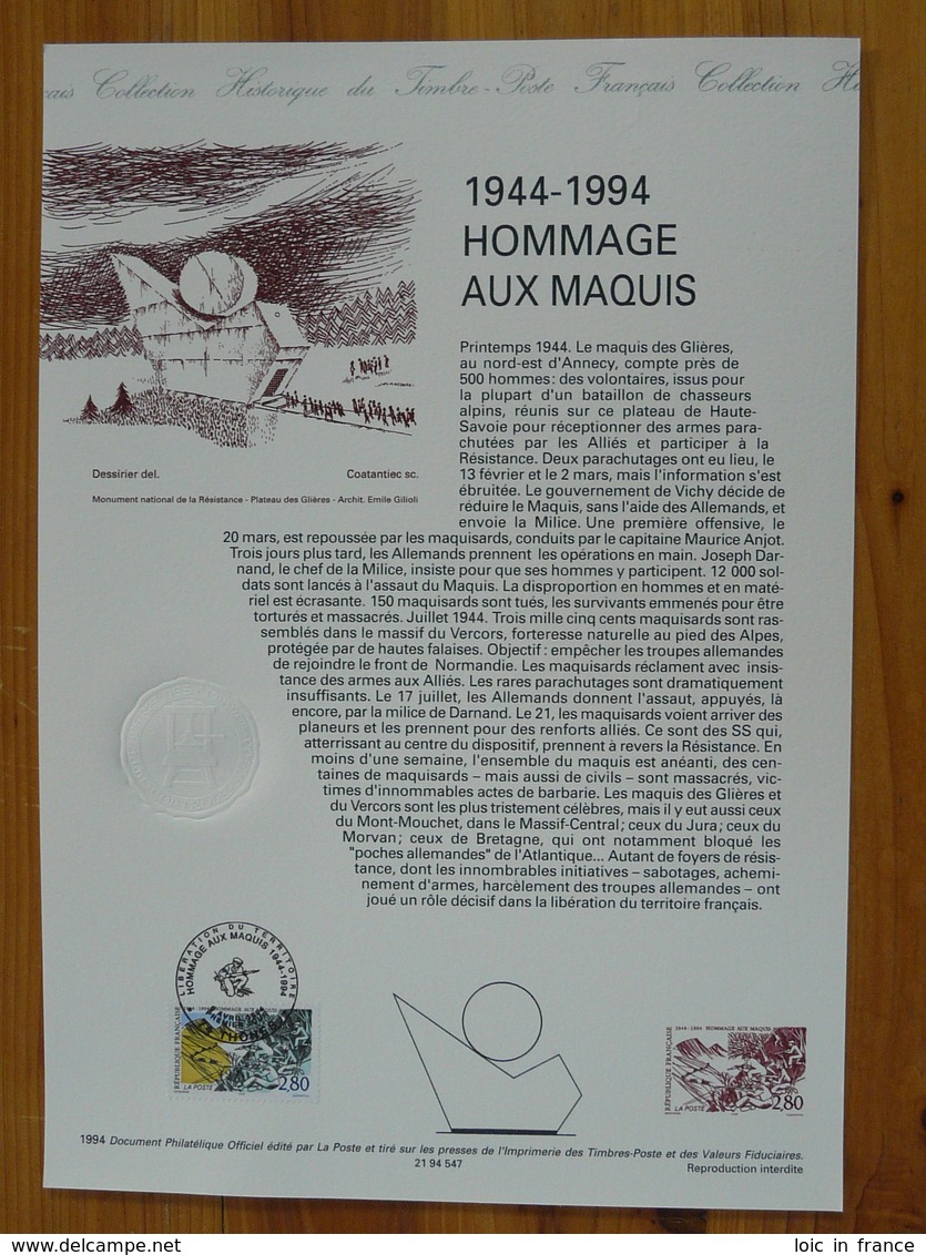 Document Officiel FDC 94-547 Hommage Au Maquis Glières Thones 74 Haute Savoie 1994 - WW2 (II Guerra Mundial)