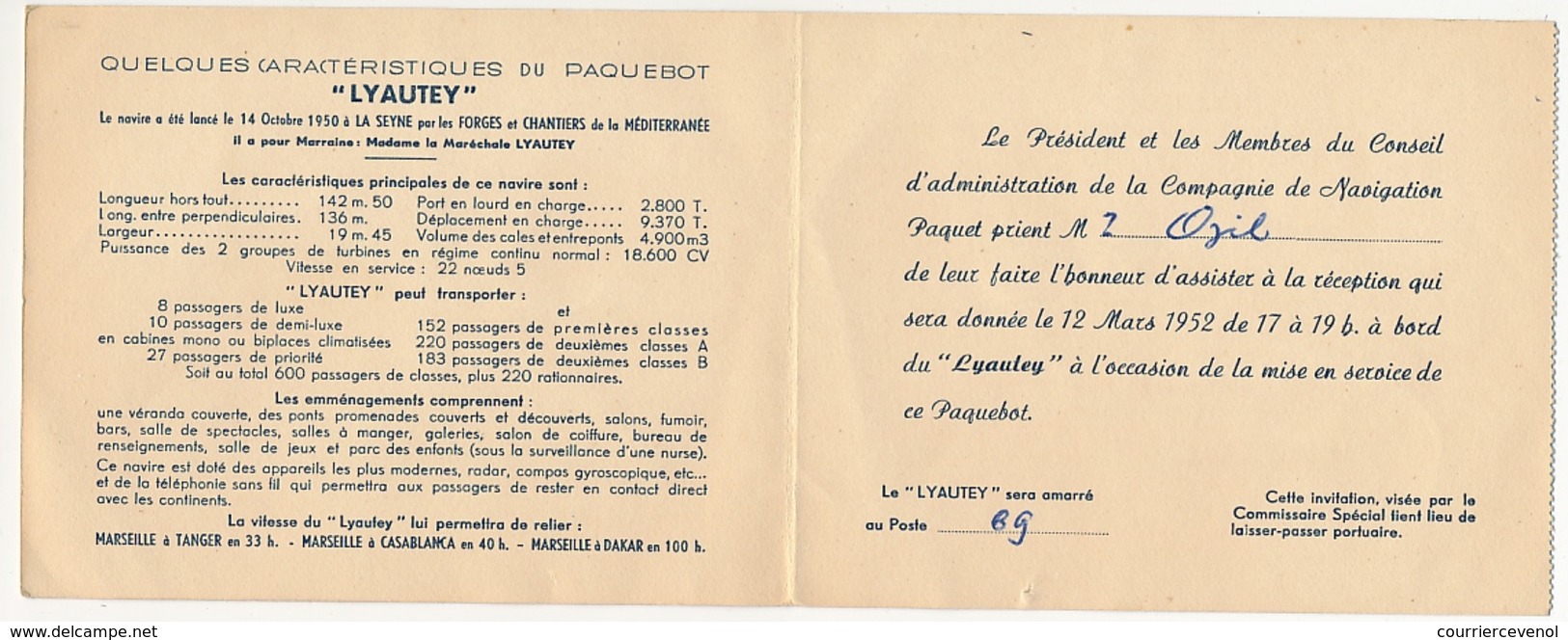 FRANCE - Compagnie PAQUET - Paquebot Lyautey - Invitation à La Mise En Service Le 12 Mars 1952 - Autres & Non Classés