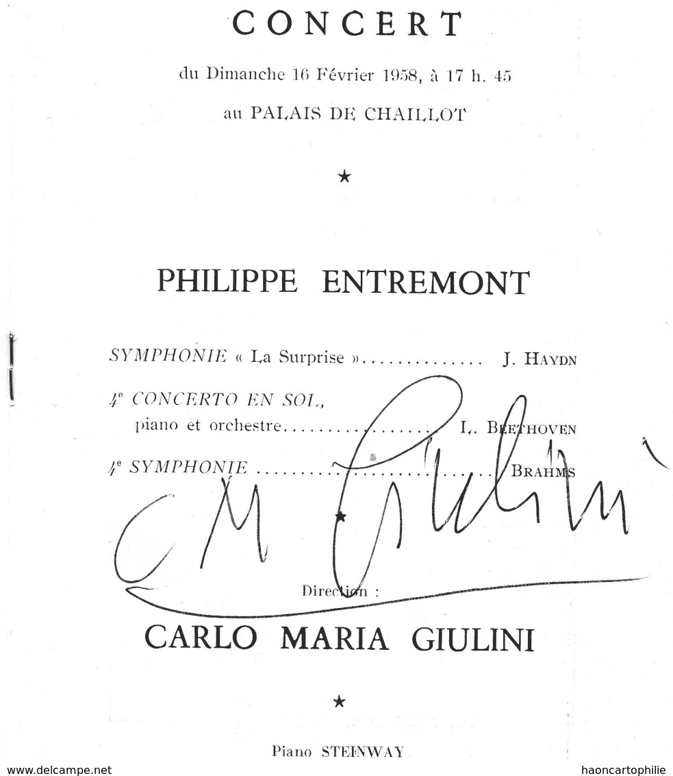 Autographe De Carlo Maria Giulini Sur Petit Livret  Association Des Concert Pas De Loup Musique - Programme