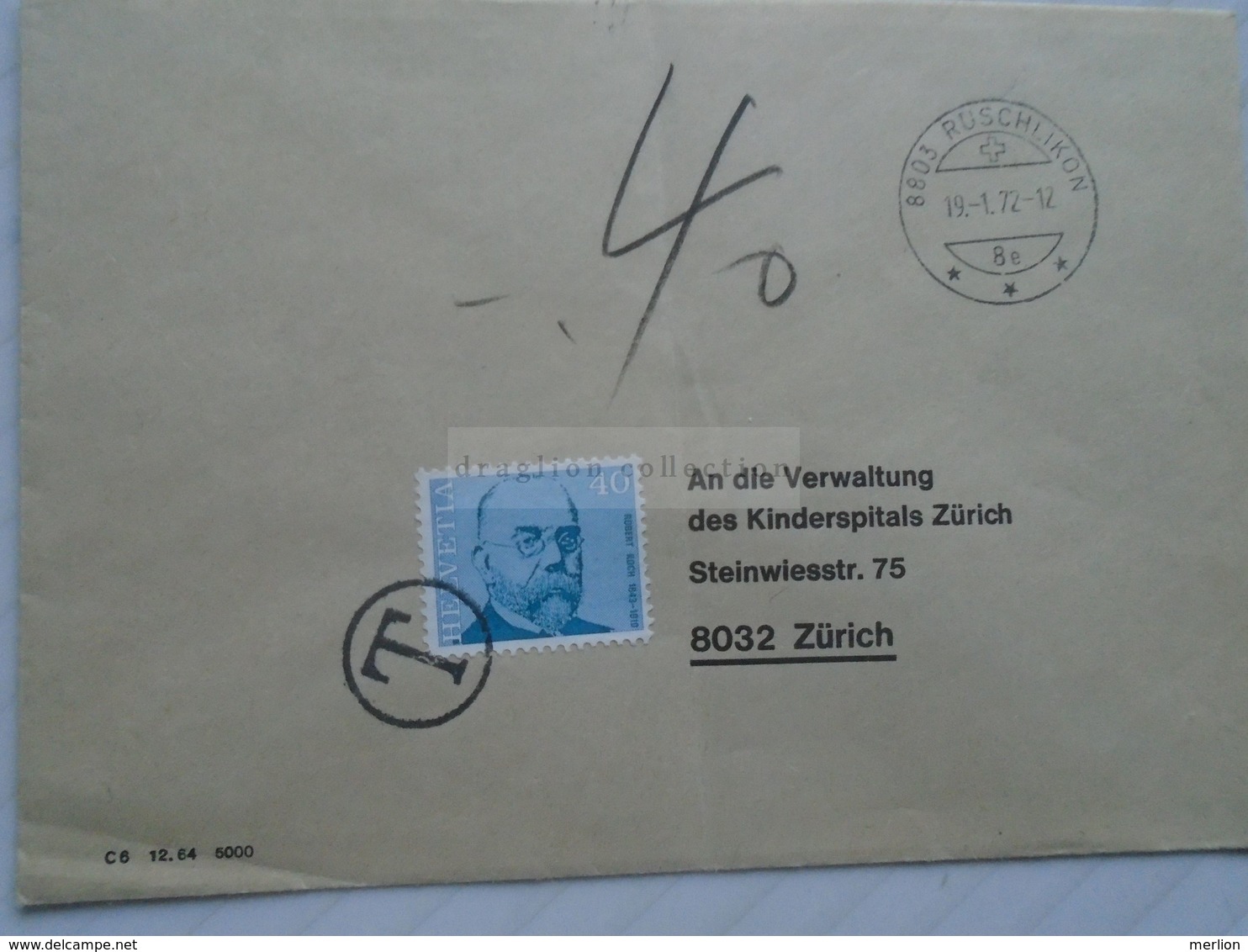 ZA267.1 Switzerland - 1972 Cover  - Postage Due -  Robert Koch - T Cancel - 8803 Ruschlikon - Cartas & Documentos