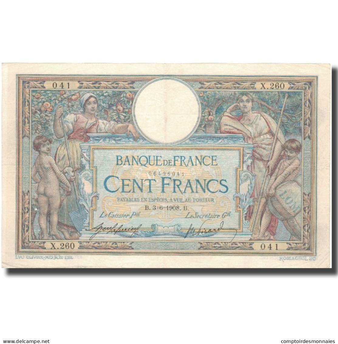 France, 100 Francs, Luc Olivier Merson, 1908, 1908-06-03, TTB, Fayette:21.23 - 50 F 1927-1934 ''Luc Olivier Merson''