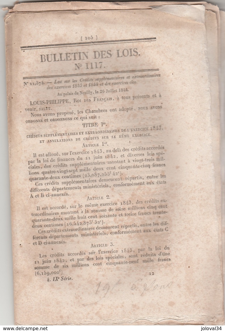 Bulletin Des Lois 1117 De 1844 Budget Crédits Supplémentaires Et Extraordinaires ( Travaux Monuments Etc ) - Décrets & Lois
