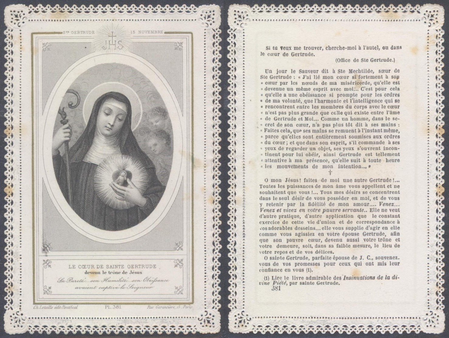 Image Pieuse En Dentelle : Le Coeur De St-Gertrude (Ch. Letaille, PI 381) - Autres & Non Classés