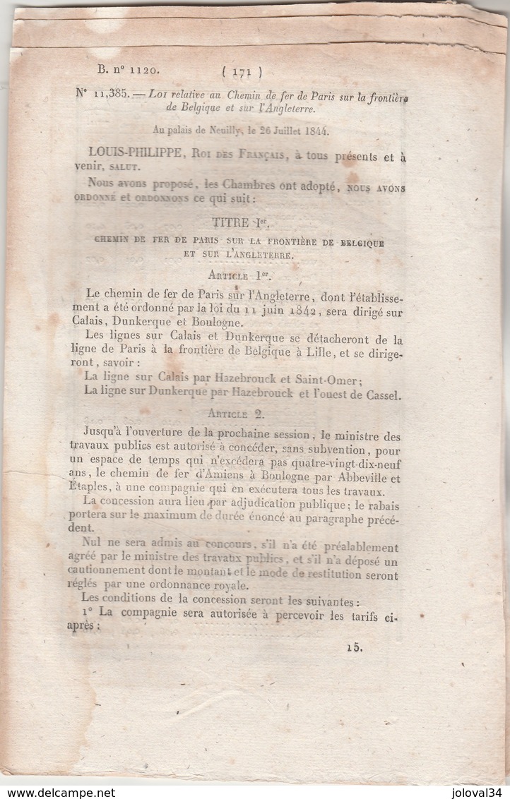 Bulletin Des Lois 1120 De 1844 Chemin De Fer Paris Belgique Angleterre, Paris Lyon, Tours à Nantes, Paris Rennes - Décrets & Lois