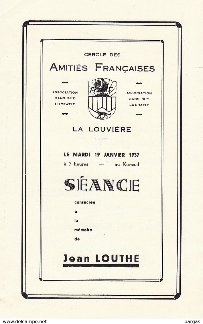 Programme La Louvière Souvenir De Jean Louthe Compositeur Musique D'houdeng Aimeries Cercle Des Amitiès Françaises - Programas