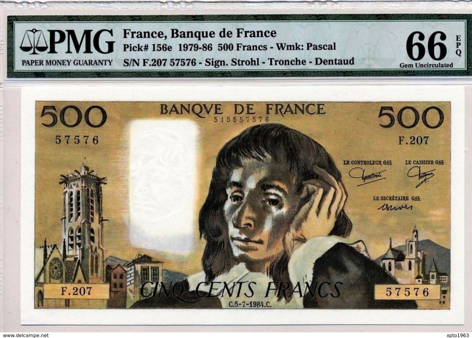 1984 Banque De France - PASCAL 500 Francs 1984 PMG 66EPQ - 500 F 1968-1993 ''Pascal''