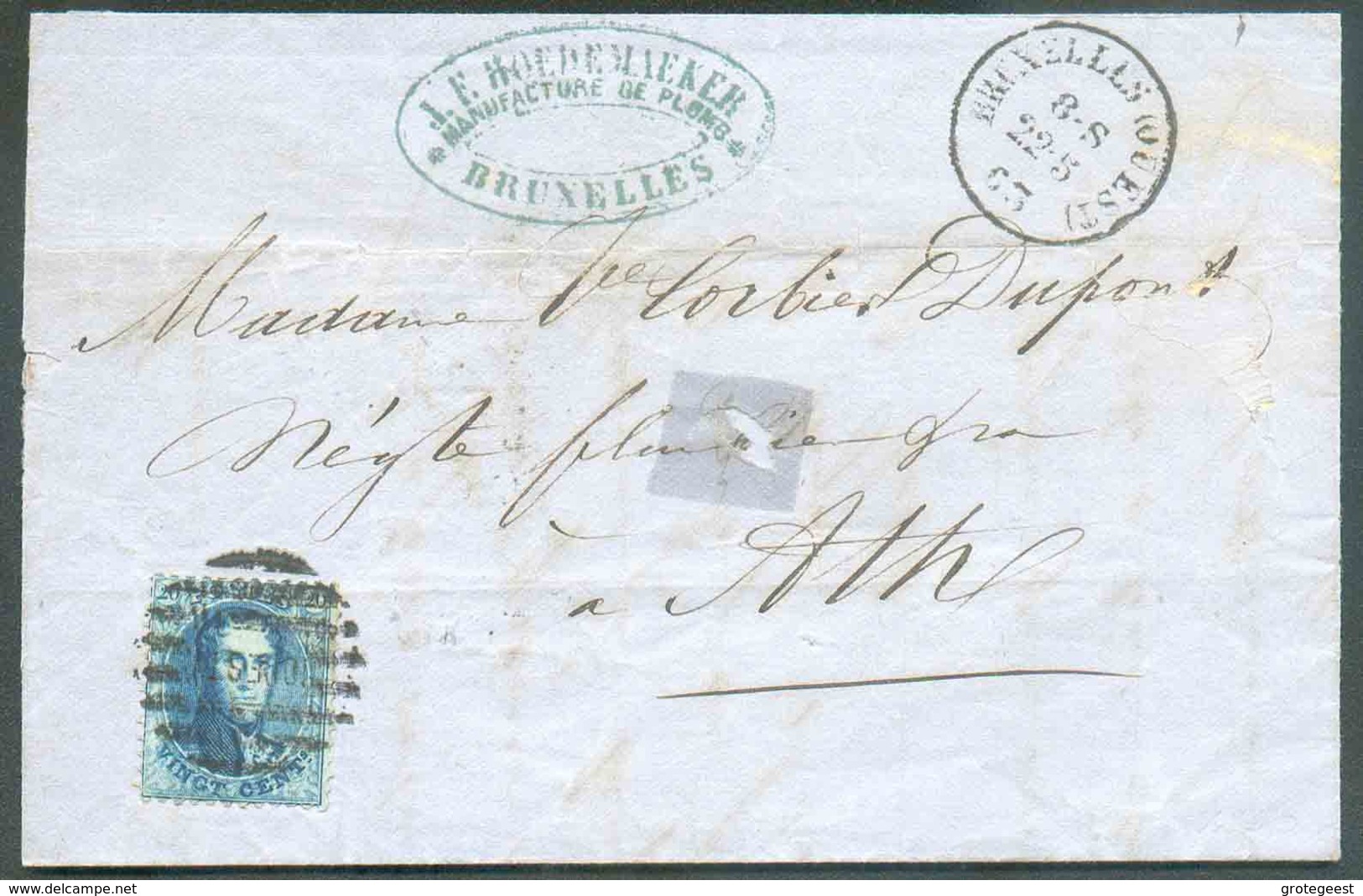 N°15 - Médaillon 20 Centimes Bleu, Obl. à 8 Barres OUEST Sur Lettre De BRUXELLES (OUEST) Le 22-5-1863 Vers Ath. TB Frapp - 1863-1864 Medaillen (13/16)