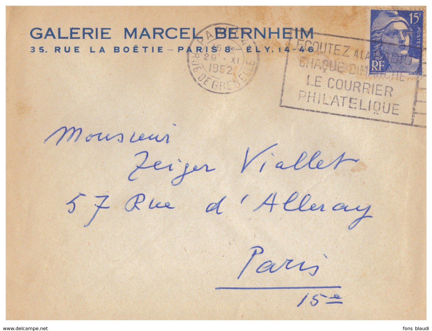 1952 - Lettre à Entête - Paris (8ème) - Galerie Marcel Berheim Au 35 Rue De La Boëtie - FRANCO DE PORT - Other & Unclassified