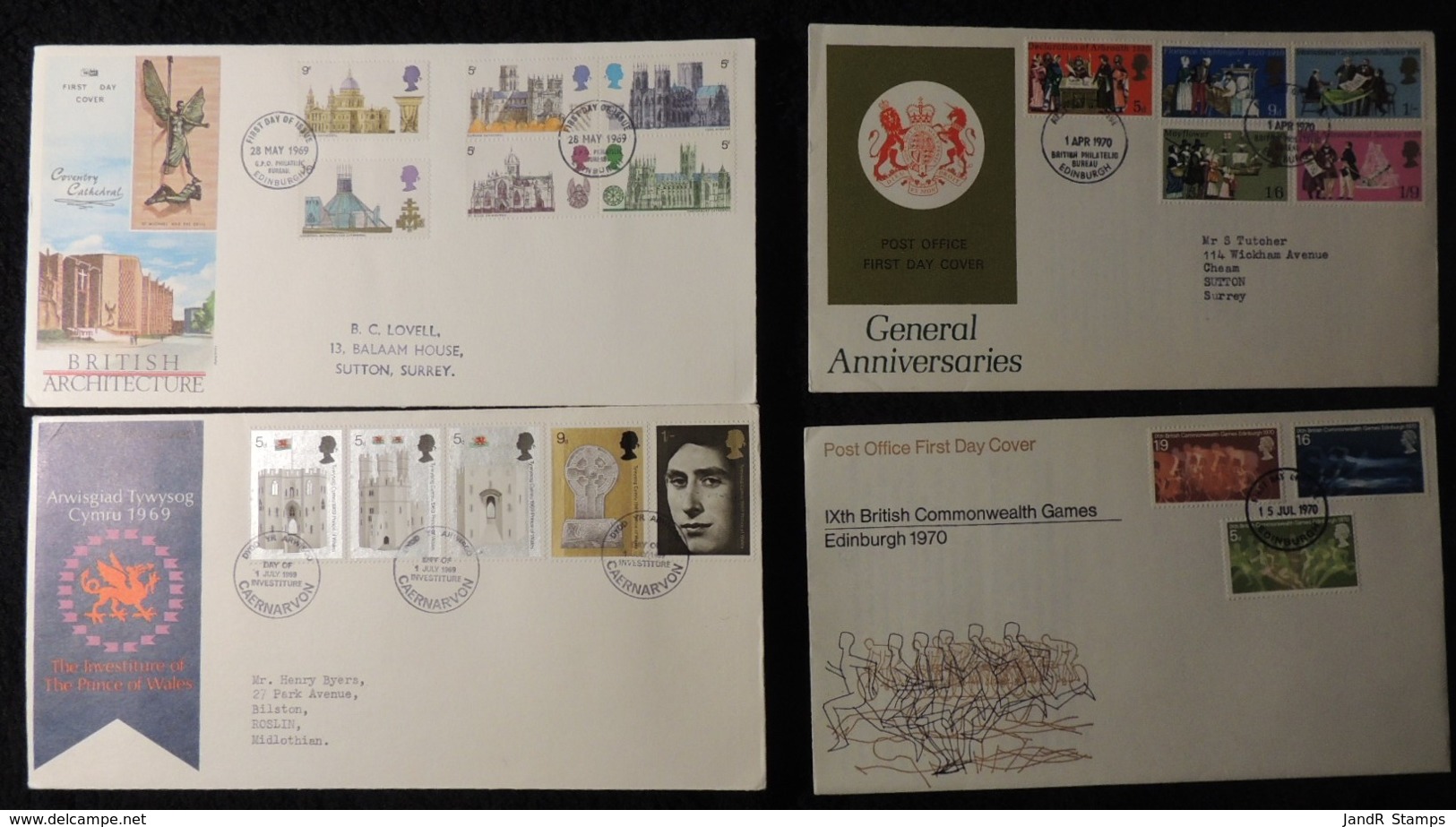 Great Britain 1969/70 X4 FDC - Architecture Investiture Anniversaries Games JandR Stamps 127079 - 1952-1971 Pre-Decimal Issues