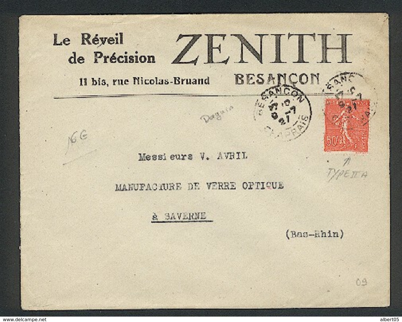 Daguin Besançon 9/7/1921 Sur Semeuse Lignée 50c Rouge - Horlogerie - Réveil De Précision ZENITH Besançon - 1921-1960: Periodo Moderno