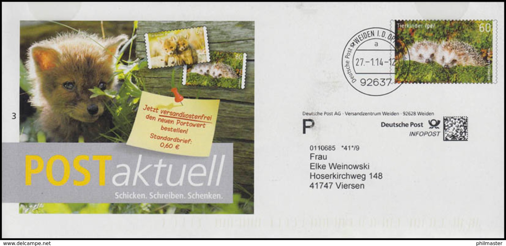 Plusbrief Tierkinder Igel: POSTaktuell Fuchs, Infopost Weiden 27.1.14 - Covers - Mint