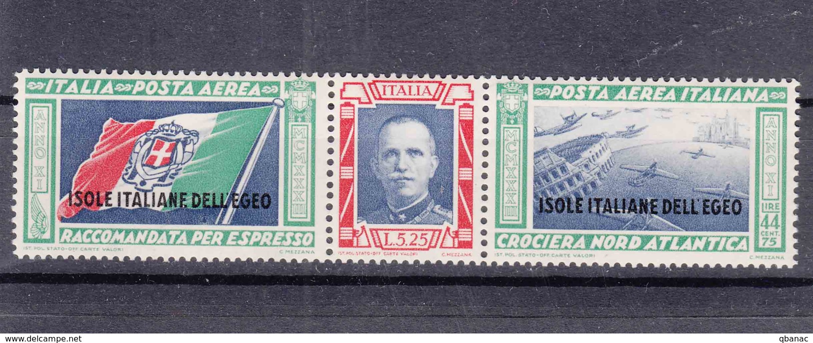 Italy Colonies Aegean Egeo 1933 Balbo Strip (Trittico) Airmail Mi#122 Mint Never Hinged - Egée