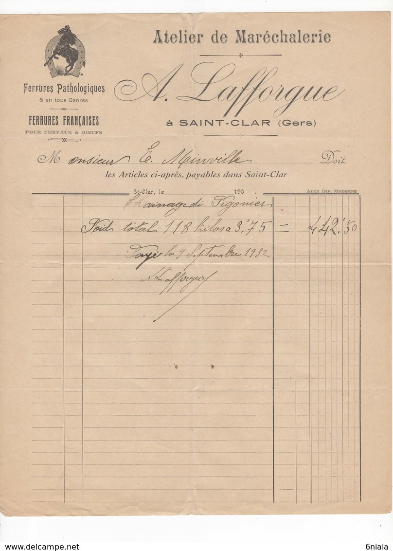 599 FACTURE  A. LAFFORGUE  Atelier Maréchalerie Ferrures Pour Bœufs Et Chevaux,  Maréchal Ferrant    St CLAR  32 GERS - Altri & Non Classificati