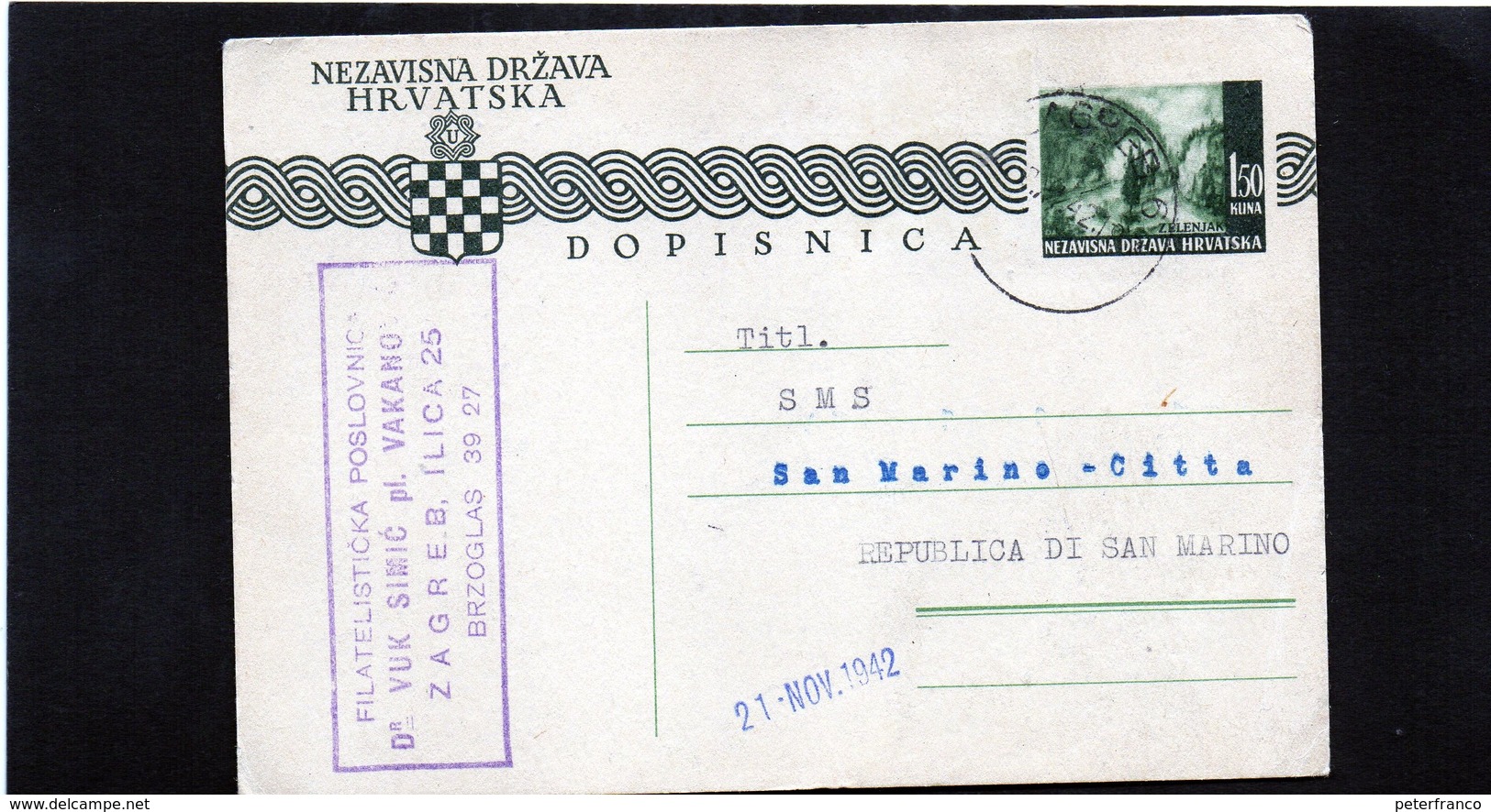 CG6 - Croazia  - Cartolina Postale - Zagabria 11/11/1942 Per Rep. Di San Marino - Croazia