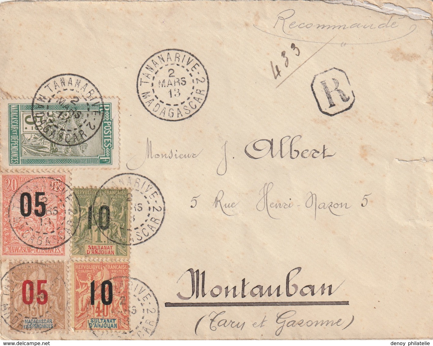 Madagascar Lettre Recommandée De Tananarive Du 2 Mars 1913 Avec Timbres D'anjouan Et Madagascar - Cartas & Documentos