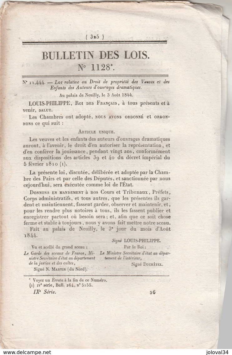 Bulletin Des Lois 1128 De 1844 Droit Propriété Veuves Et Enfants Auteurs Dramatique, Changement Nom Cochon Montpierret - Décrets & Lois