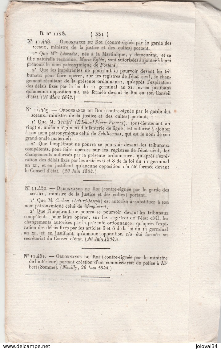 Bulletin Des Lois 1128 De 1844 Droit Propriété Veuves Et Enfants Auteurs Dramatique, Changement Nom Cochon Montpierret - Décrets & Lois