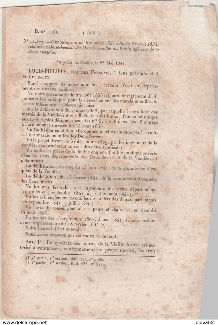 Bulletin Des Lois 1131 De 1844 Prix Froment - Relative Au Dessèchement Marais Mouillés Bassin Inférieur Sèvre Niortaise - Décrets & Lois