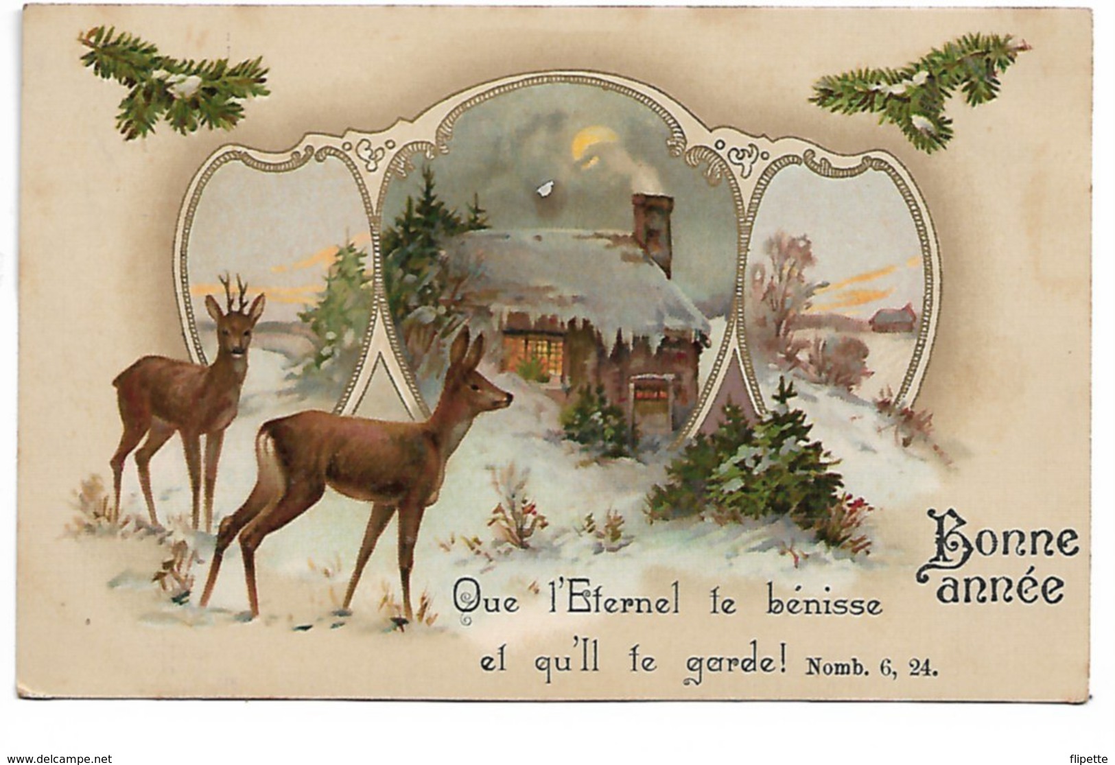 L170A440 - Bonne Année - Biche Et Cerf Devant Tryptique De Paysages "Que L'Eternel Te Bénisse..."  - GOM Série 1710 - Nouvel An