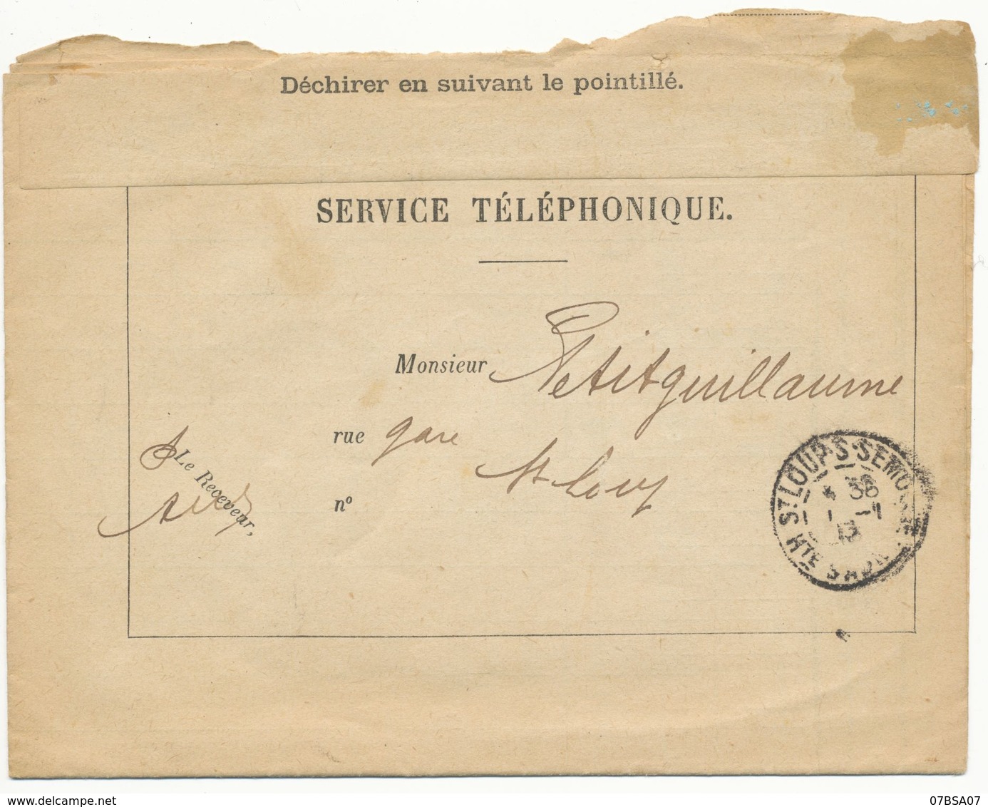 HAUTE SAONE LAC 1ER JANVIER 1913 ST LOUP SUR SEMOUSE T84 SUR LETTRE SERVICE TYPE 1392-64bis EN FRANCHISE - 1877-1920: Semi-Moderne